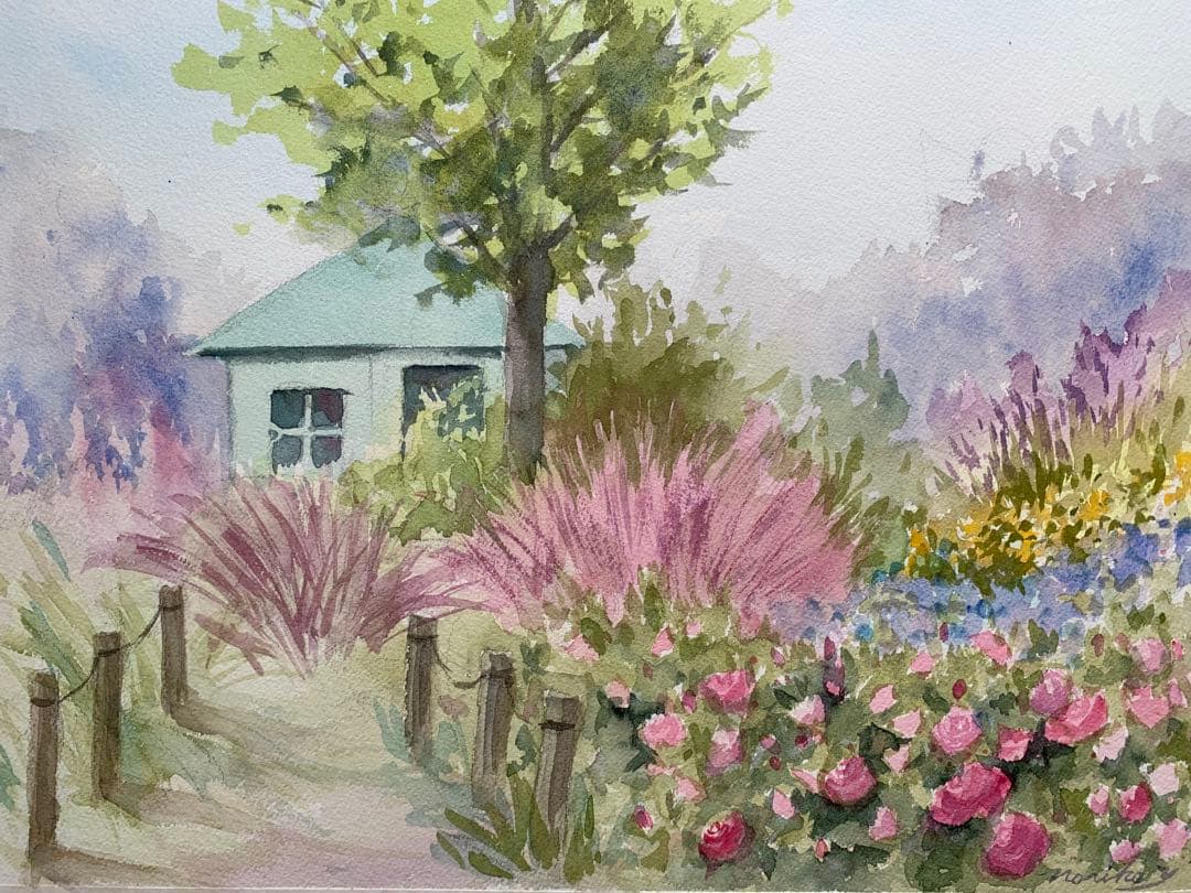 透明水彩画原画癒しのパステルカラーのイングリッシュガーデン