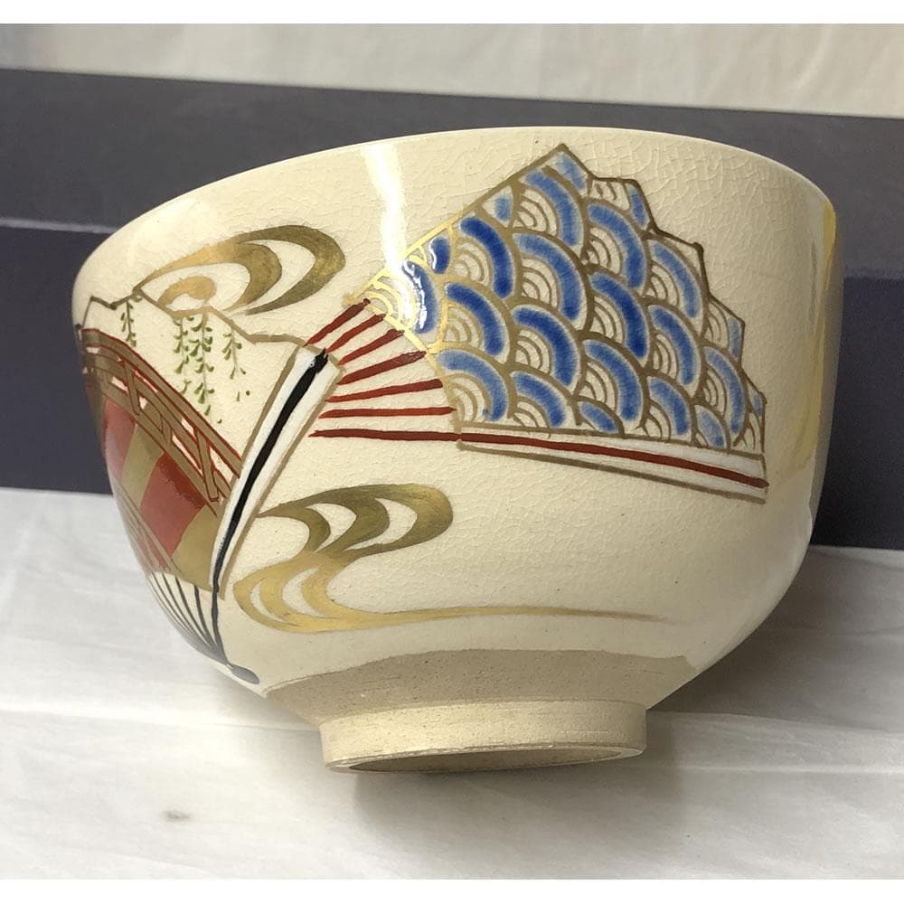 F1161 宮川香雲 色絵 扇面 茶碗 共箱 淡々斎 書付 抹茶碗 茶道具