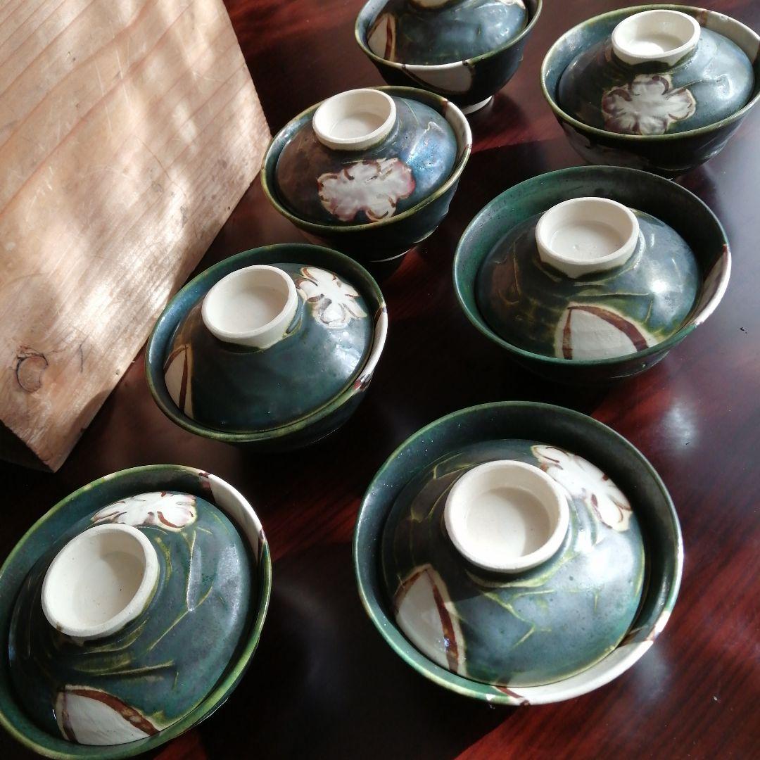 瀬戸焼　加藤作助　織部蓋茶碗　7客　12cm　大正〜昭和初期