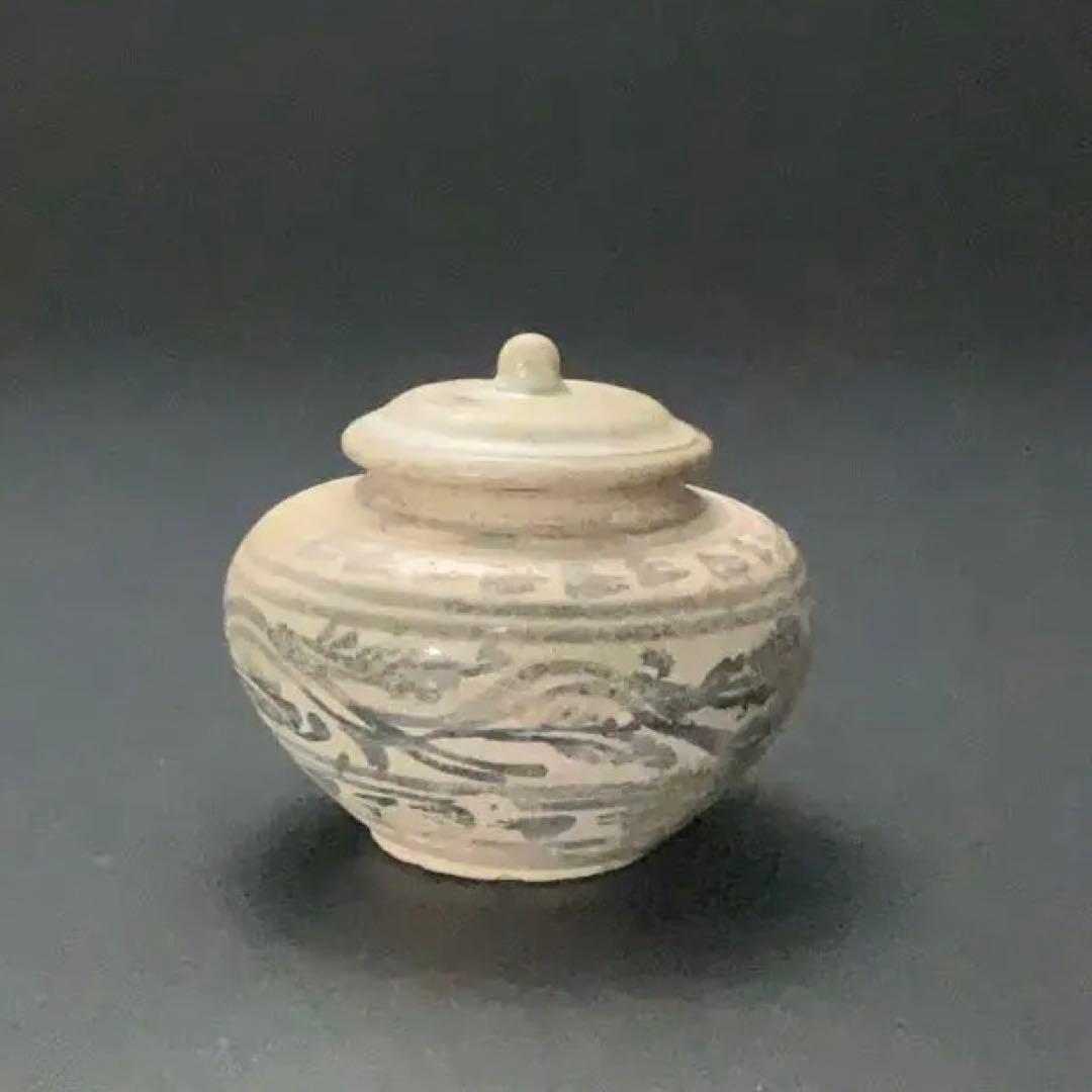 鉄絵蓋つき小壺　タイ　スンコロク　骨董　R1398ダM