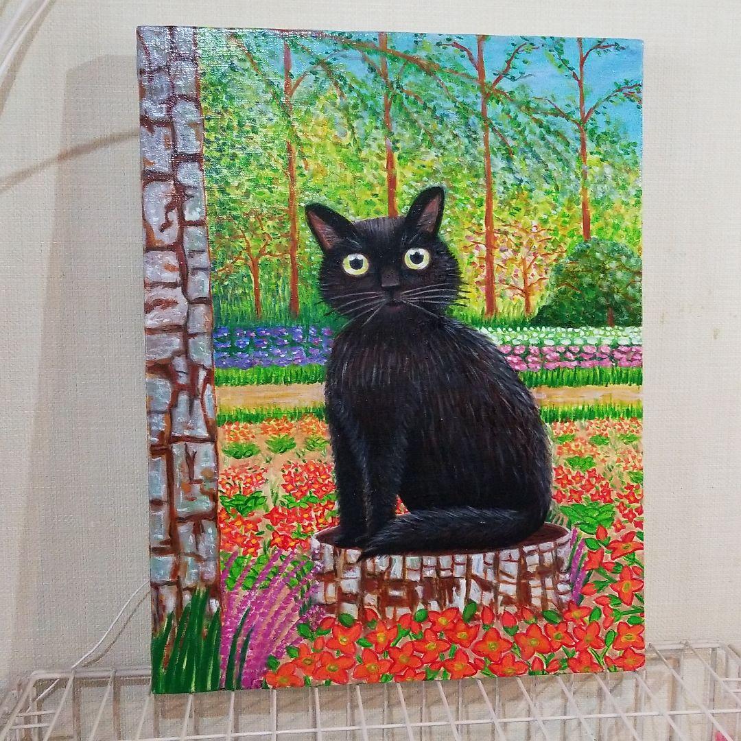 油絵　専用　切り株の上の黒猫
