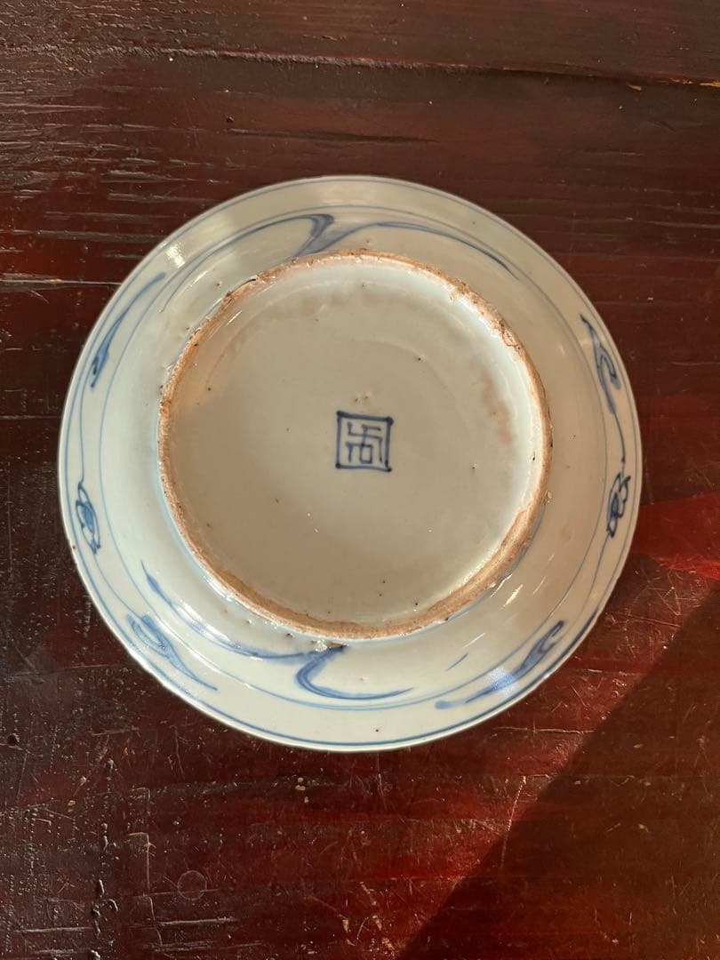 中国古玩　古染付　水辺に鳥　明　清朝期　青花　鍔皿　　古伊万里　染付　藍九谷