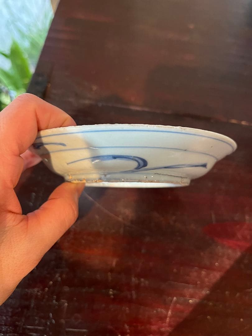 中国古玩　古染付　水辺に鳥　明　清朝期　青花　鍔皿　　古伊万里　染付　藍九谷