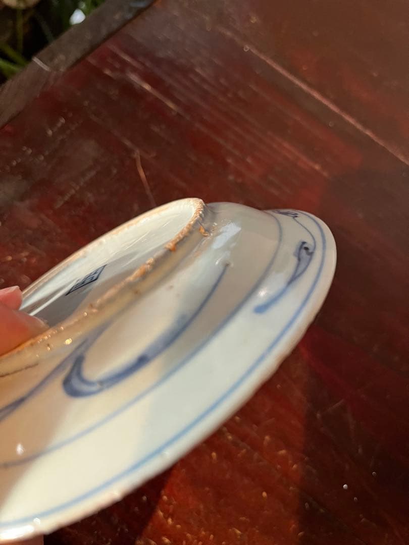 中国古玩　古染付　水辺に鳥　明　清朝期　青花　鍔皿　　古伊万里　染付　藍九谷