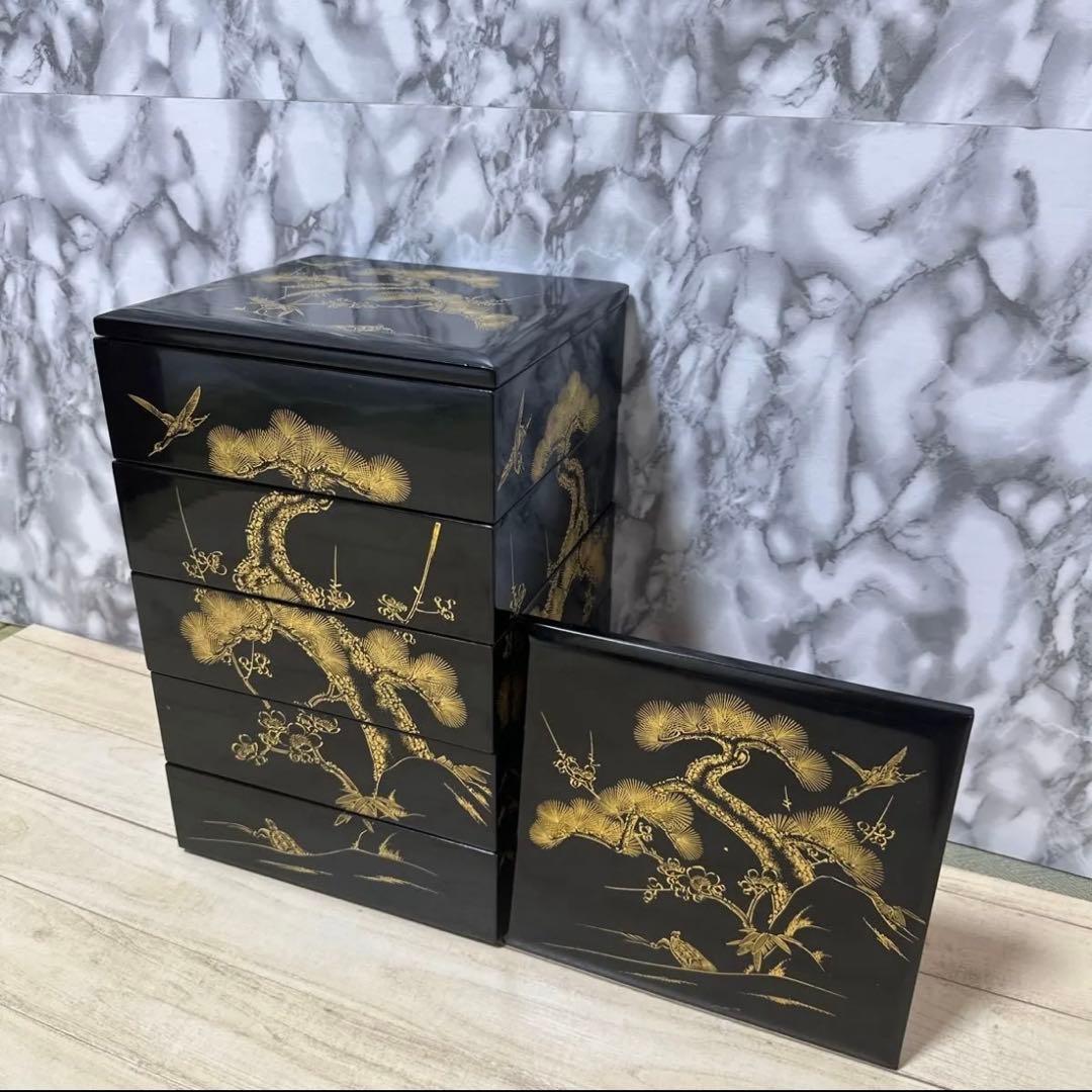 美術品アンティークコレクション 工芸品 輪島塗重箱五段重 重箱 沈金蒔絵 木箱入