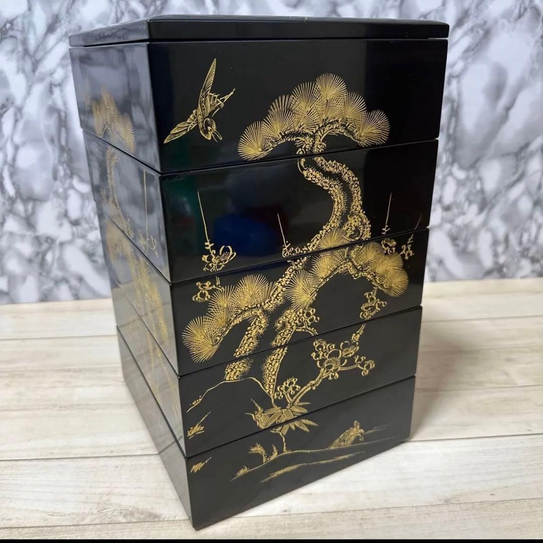 美術品アンティークコレクション 工芸品 輪島塗重箱五段重 重箱 沈金蒔絵 木箱入