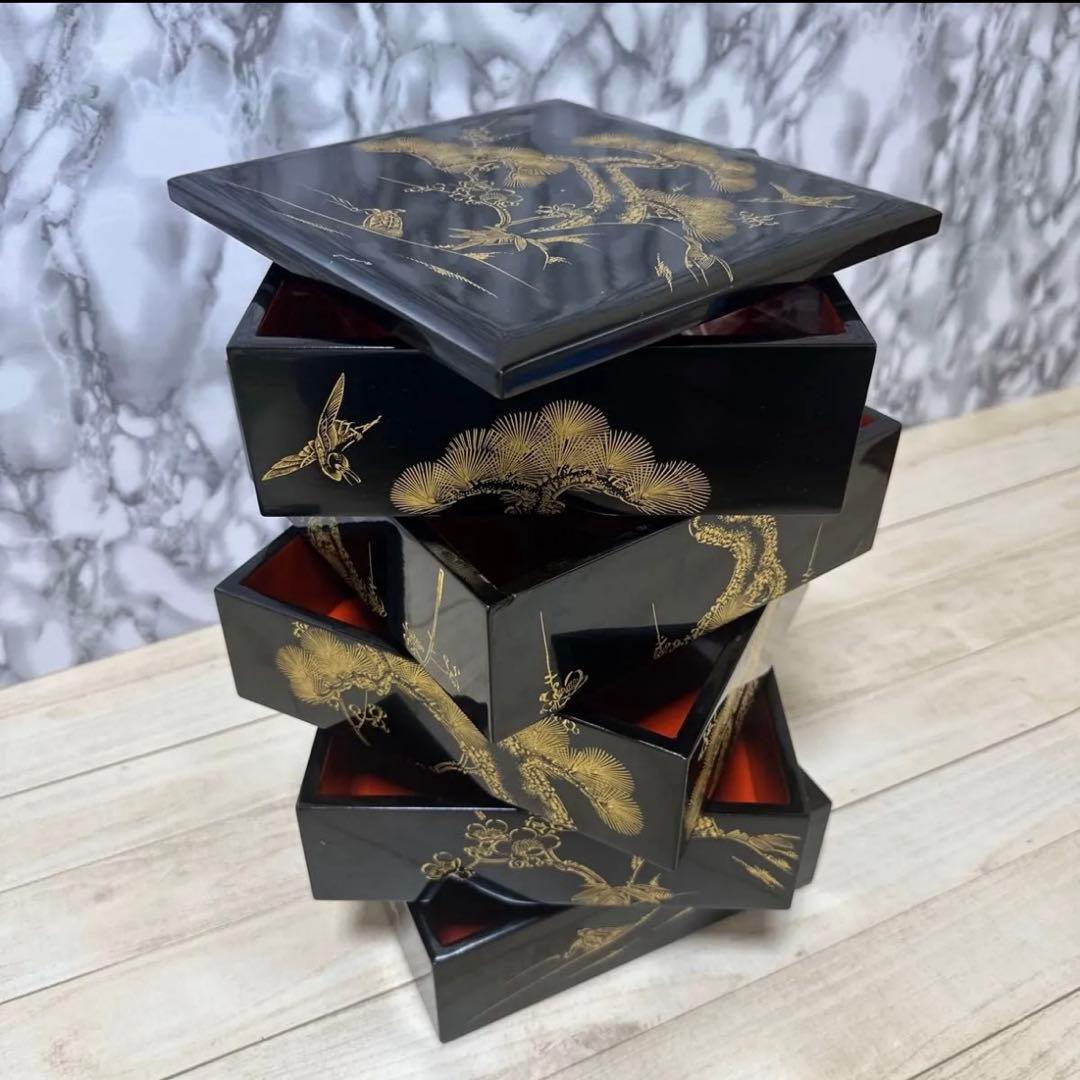 美術品アンティークコレクション 工芸品 輪島塗重箱五段重 重箱 沈金蒔絵 木箱入