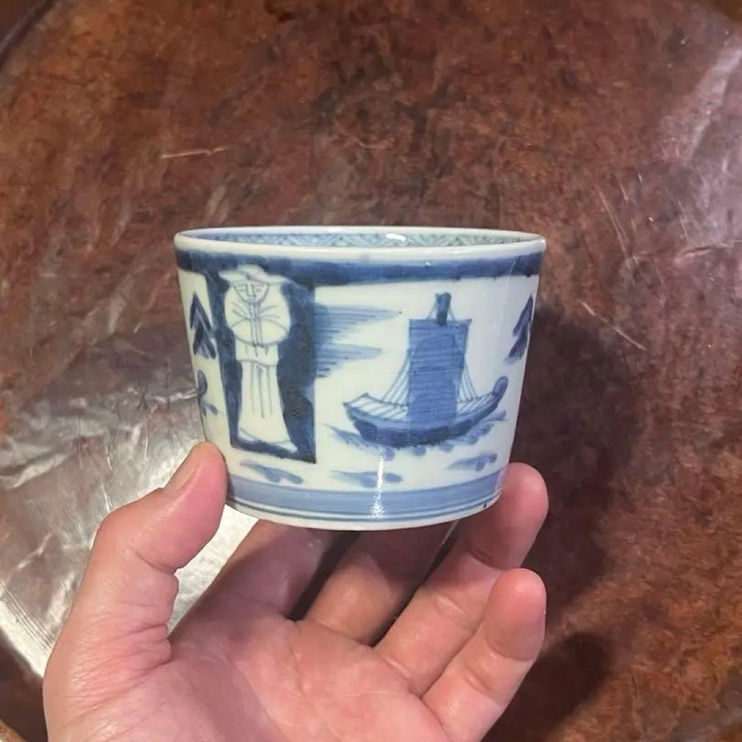 古伊万里　蕎麦猪口　異国人　帆船　そば猪口　人文　ラッタン　南蛮人