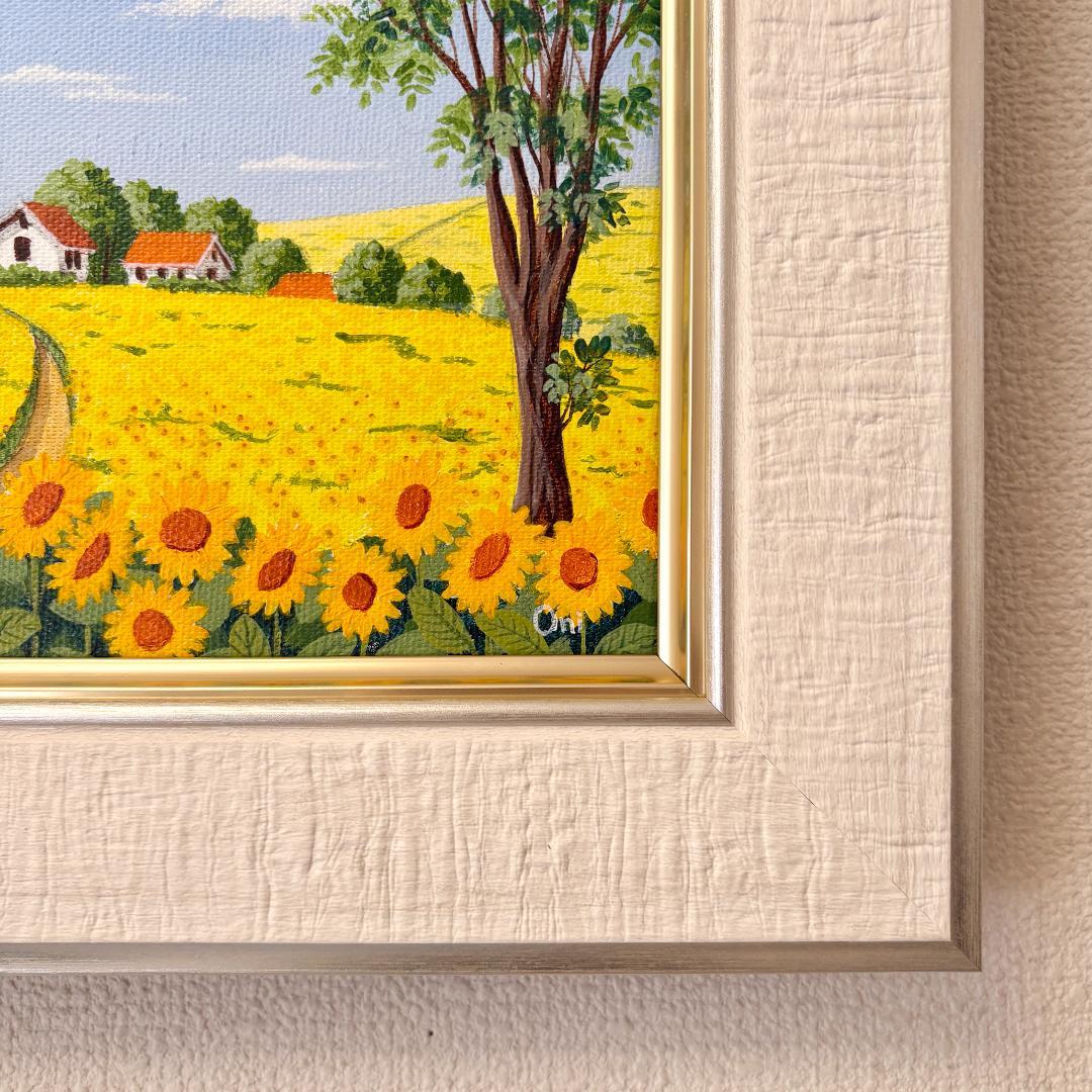 アクリル画　原画　「ひまわりの丘13」額縁付き　SMサイズ　風景画