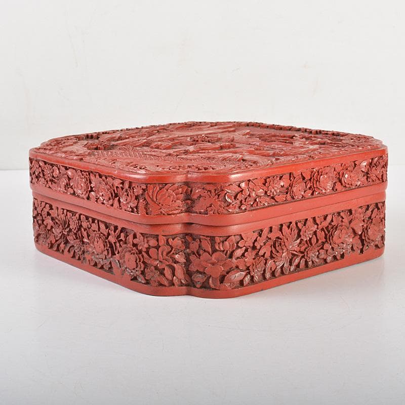 りか　中国　堆朱風　山水人物文　四方箱　蓋物　V　6477