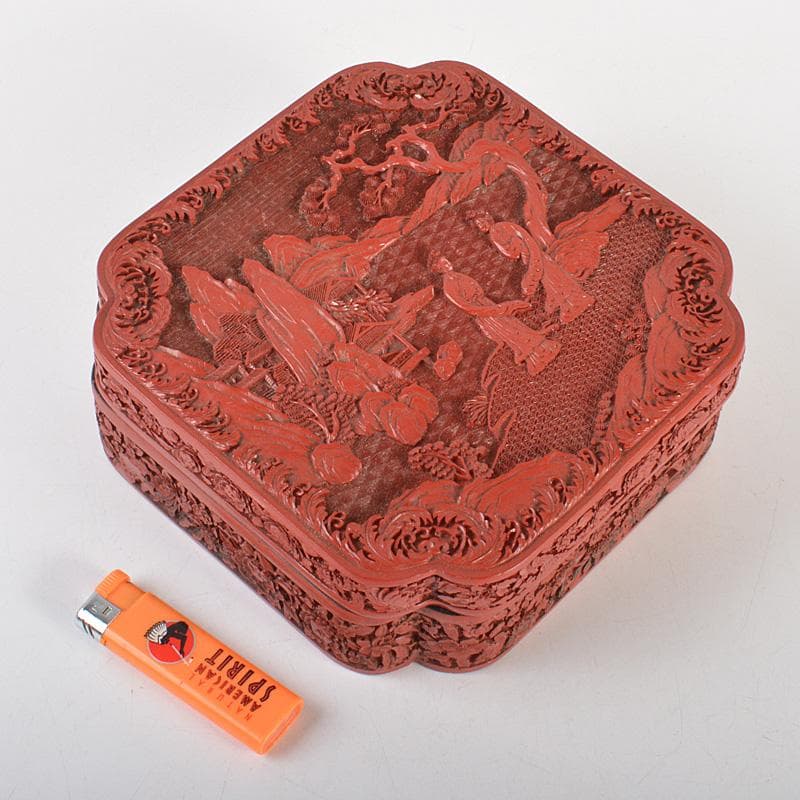 りか　中国　堆朱風　山水人物文　四方箱　蓋物　V　6477