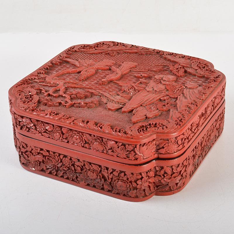 りか　中国　堆朱風　山水人物文　四方箱　蓋物　V　6477