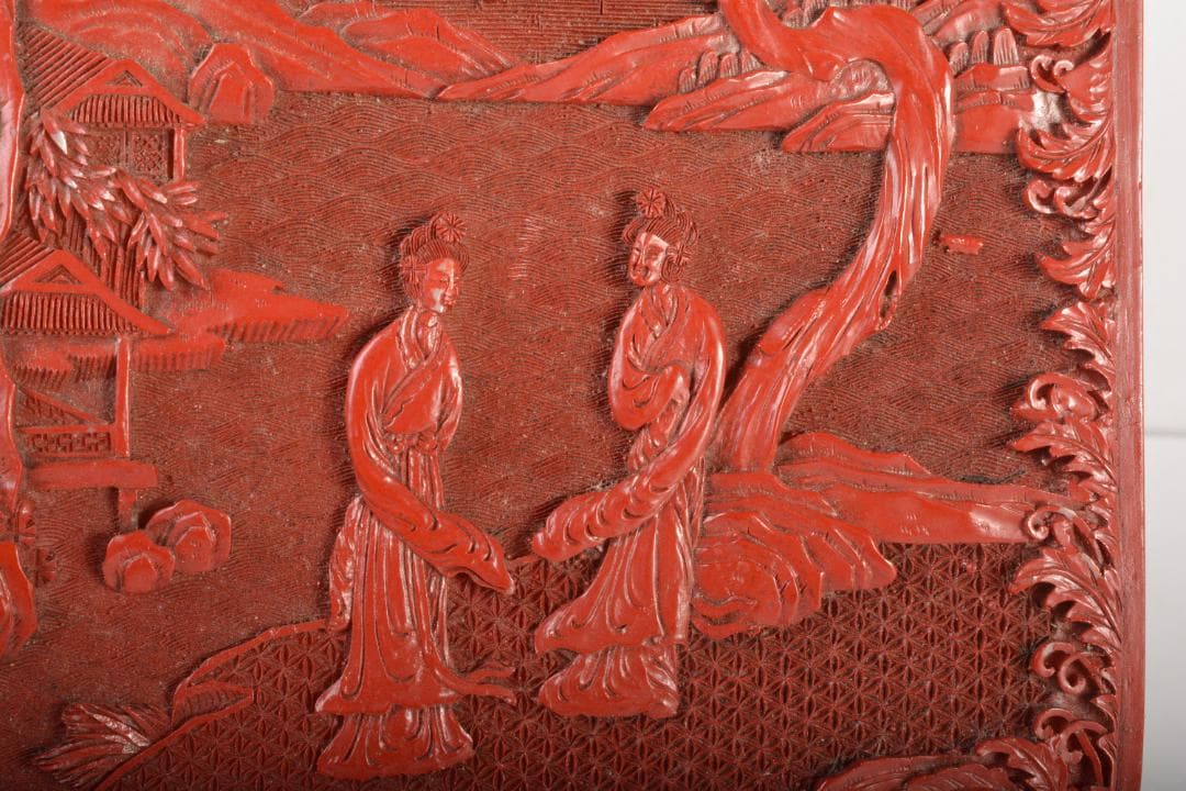 りか　中国　堆朱風　山水人物文　四方箱　蓋物　V　6477