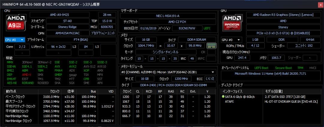 Windowsノート本体 LAVIE Direct NS(A)GN31WQ (A9/16GB/120GB)