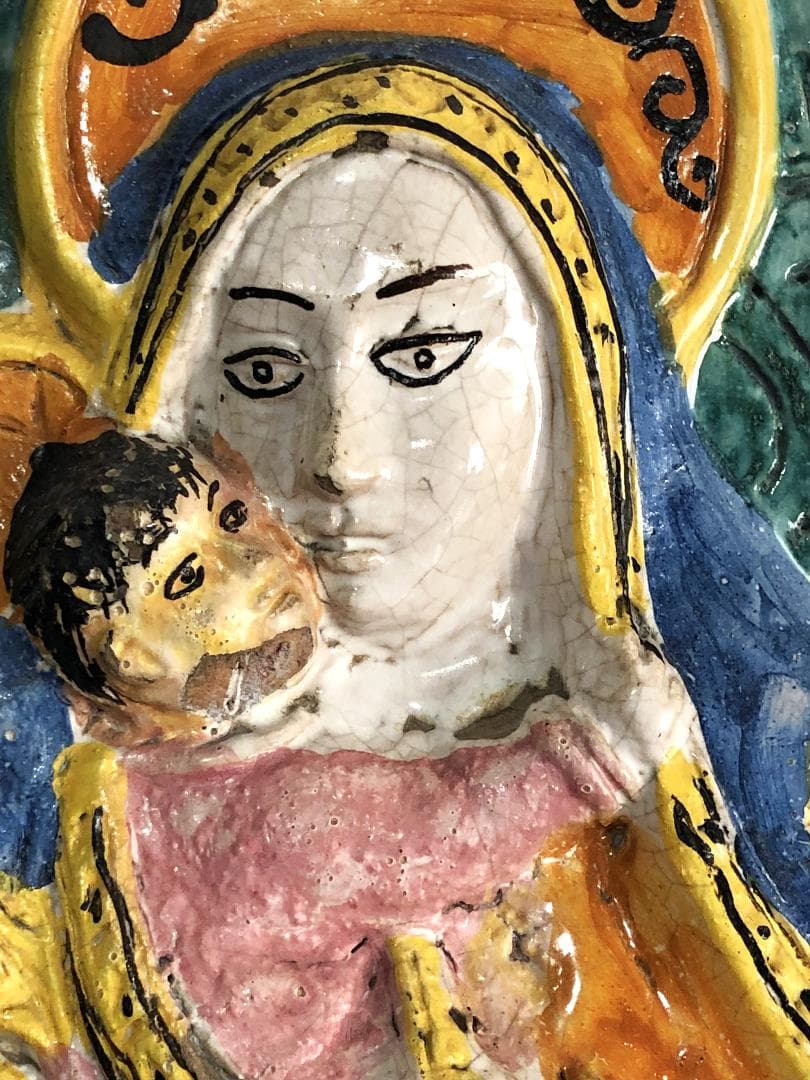 【 聖マリア母子像　東方正教 】　イコン陶板レリーフ 　骨董