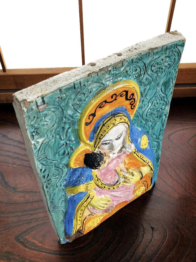 【 聖マリア母子像　東方正教 】　イコン陶板レリーフ 　骨董