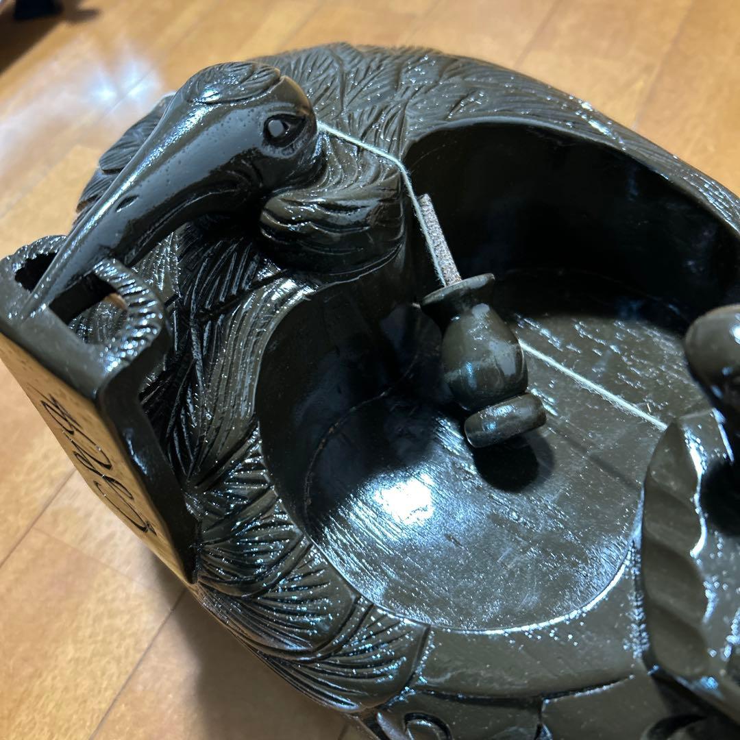 木彫 一刀彫 縁起物 墨壺 龍・鶴・亀