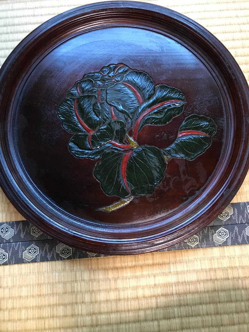 彫抜色絵絵替丸盆 二箱十客　菓子皿 漆器 漆芸 銘々皿 丸盆　盆　骨董品