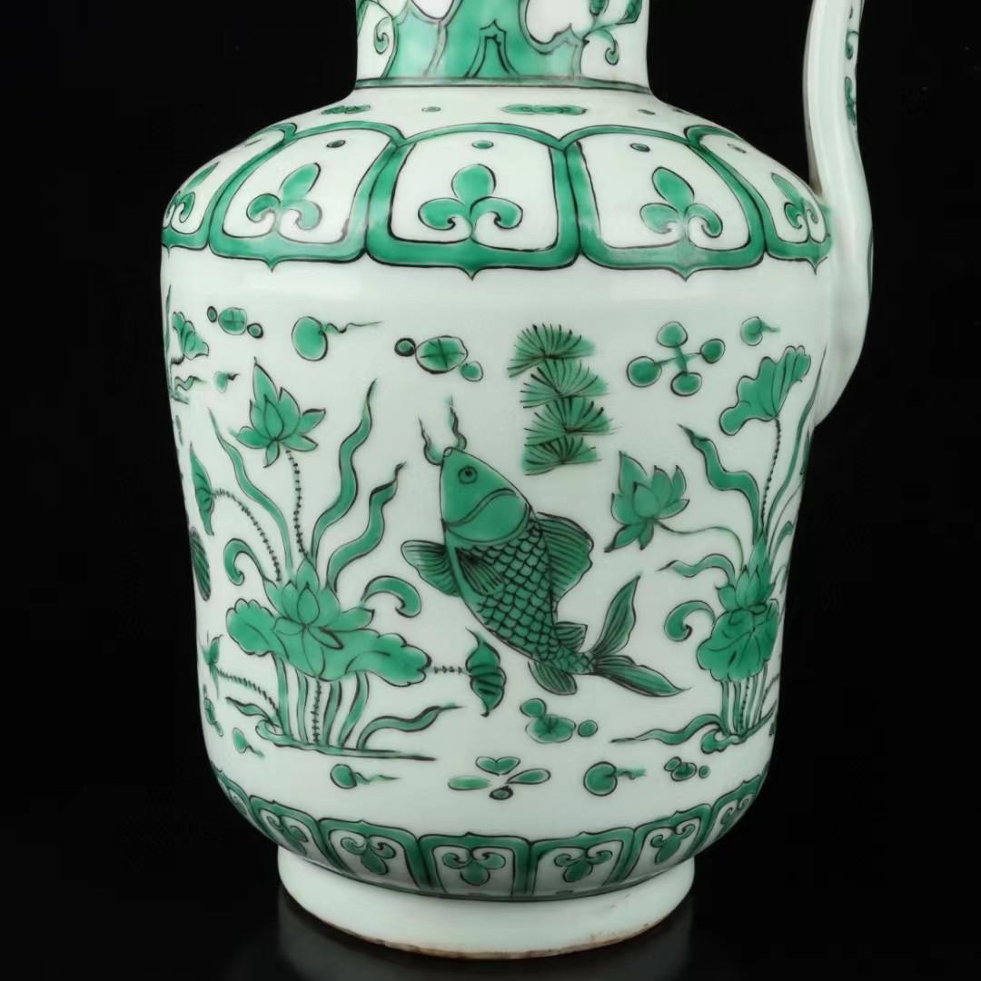 中国古美術✦清大明宣徳紋・緑彩・魚藻紋酒壺３８＊１９✦置物・酒道具・文房具・陶芸