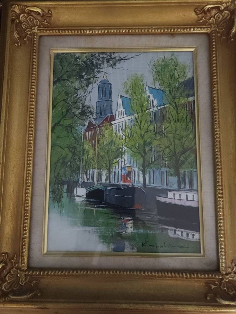 中島晃次　作品　 「運河ある街」 油彩画 F4 金色フレーム