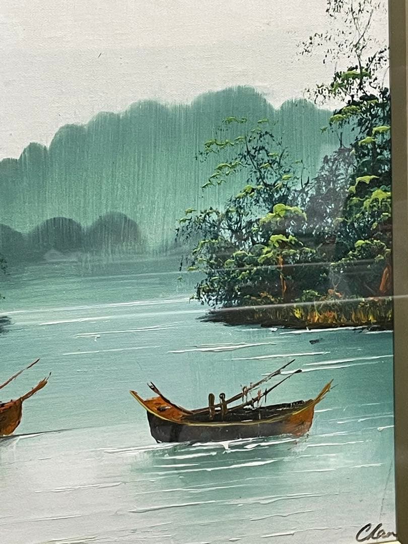 油彩画 風景（川とボート） 金色フレーム QW4371