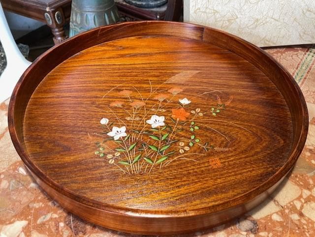高級木製漆器トレイ 花模様