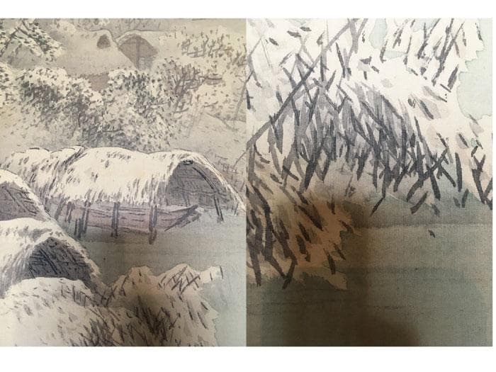 掛軸 湖畔雪景 絹本 銘あり 共箱 中古 古物 19.08.03-2.