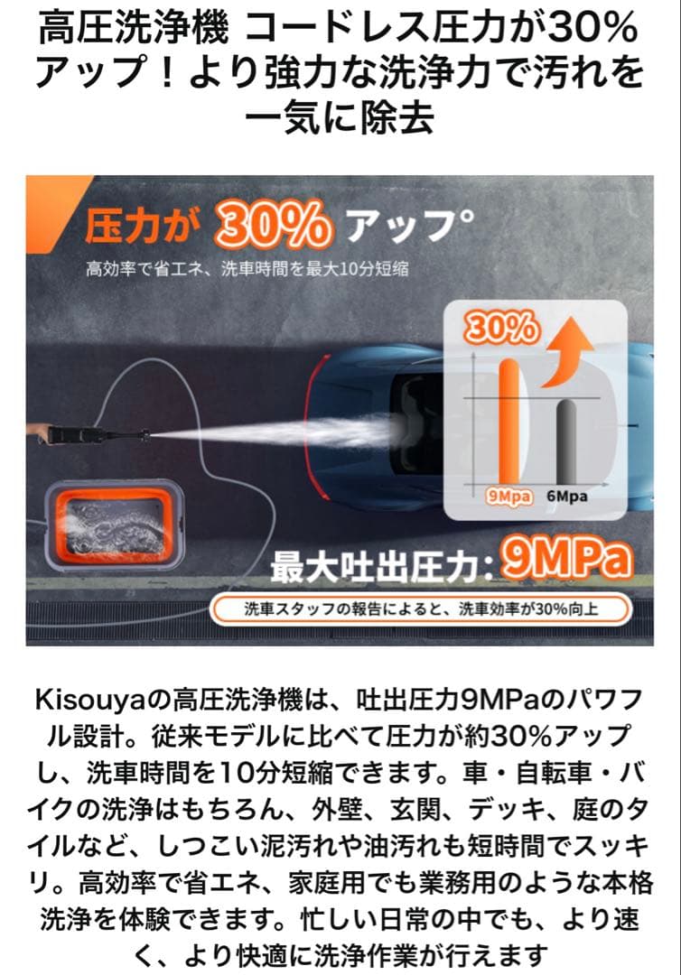 高圧洗浄機 コードレス 充電式 9MPa強力噴射 22L折り畳みバケツ付き