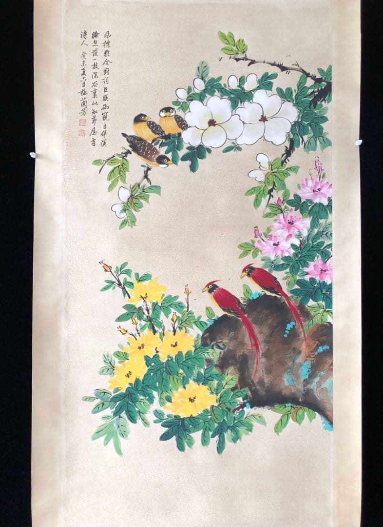 梅蘭芳 花鳥画 掛け軸 四尺 手描き 中国美術 絵画 書画 花鳥図 インテリア