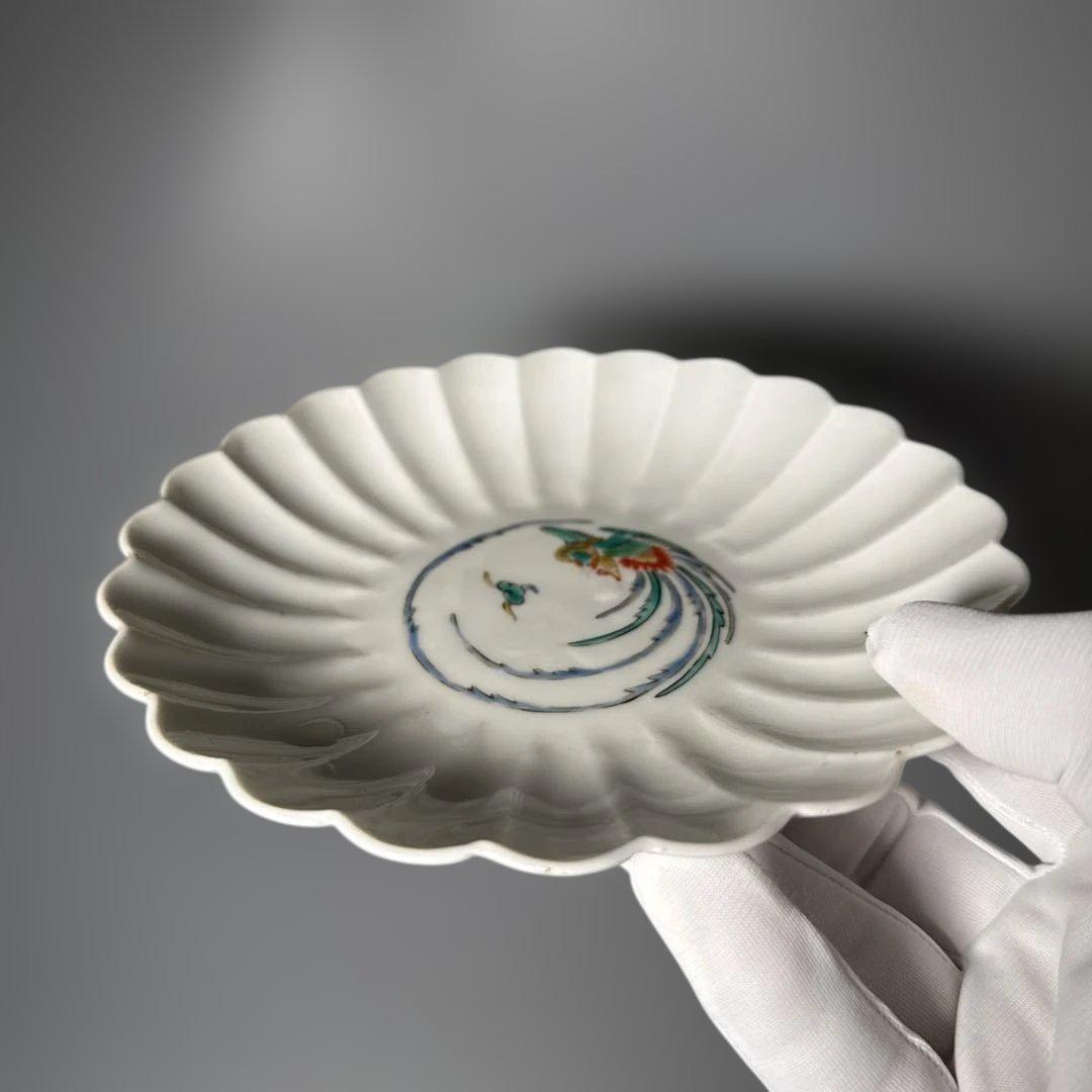 大正時代　十二代　酒井田柿右衛門　錦　鳳凰文菊花形皿　十客　銘　渦福　料理屋