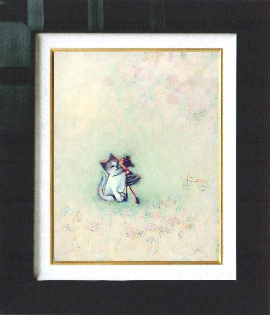 油絵 菅家令子絵 絵画インテリア額付(淡い銀青緑 )F3-051621子猫女の子