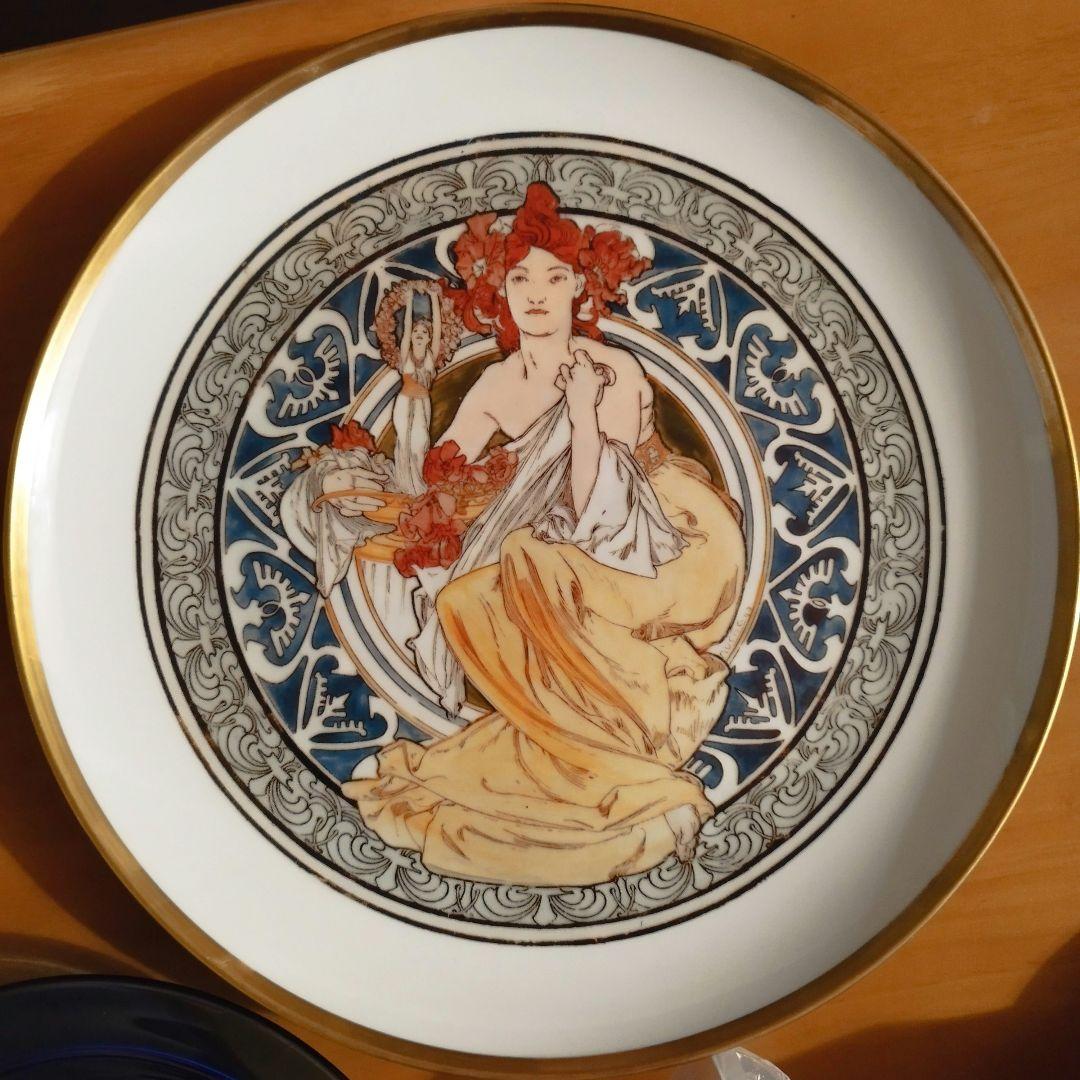 希少品 ミュシャ大皿：パリのシンボル 直径31cm 金縁