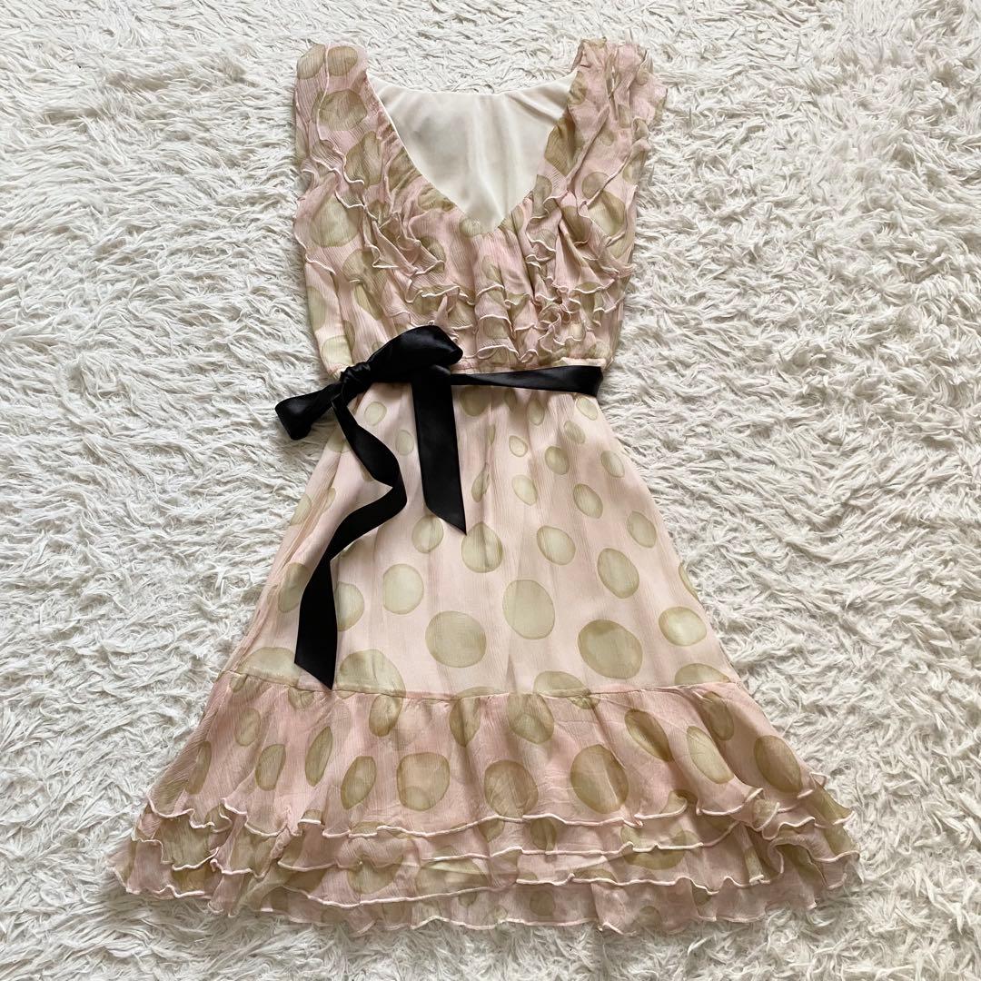 極美品■レッドヴァレンティノ　シルク100％　フリルワンピース　Aライン　42