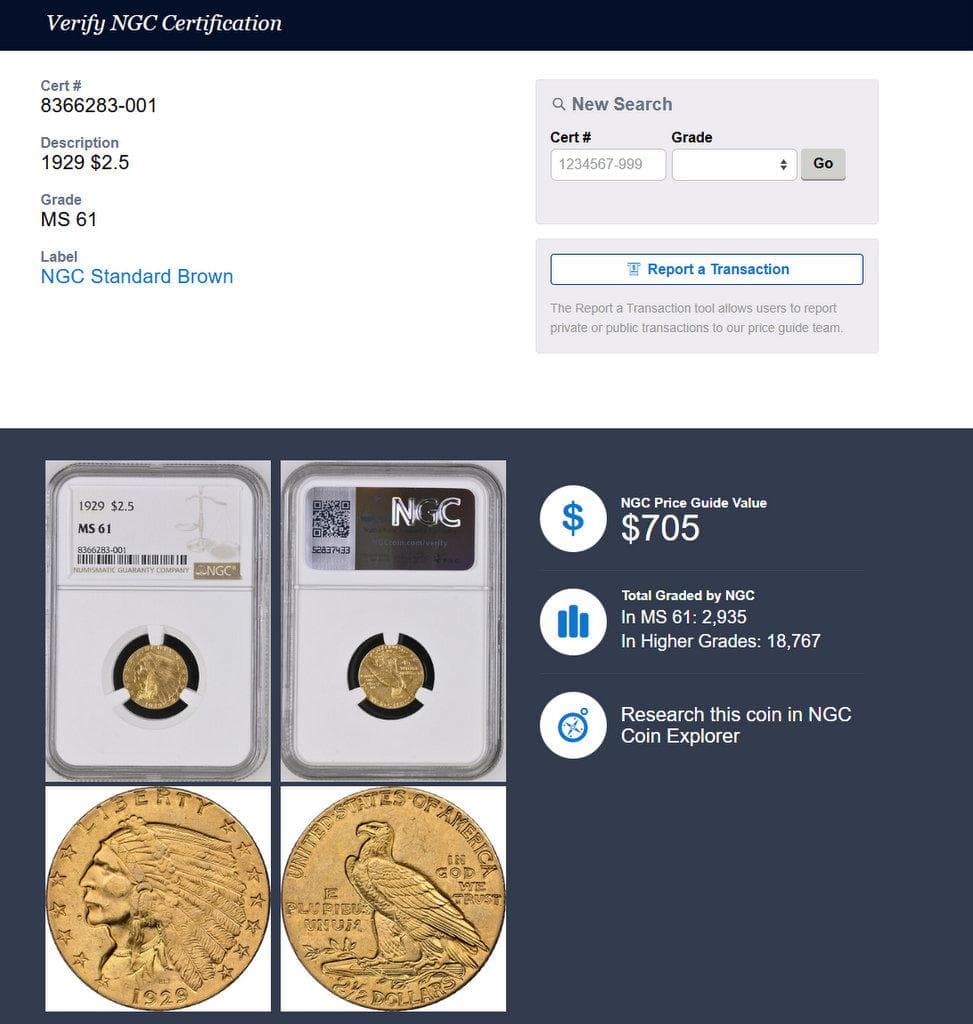 ハイジさん専用1929年 米国 インディアンヘッド＄2.5金貨 NGC MS61