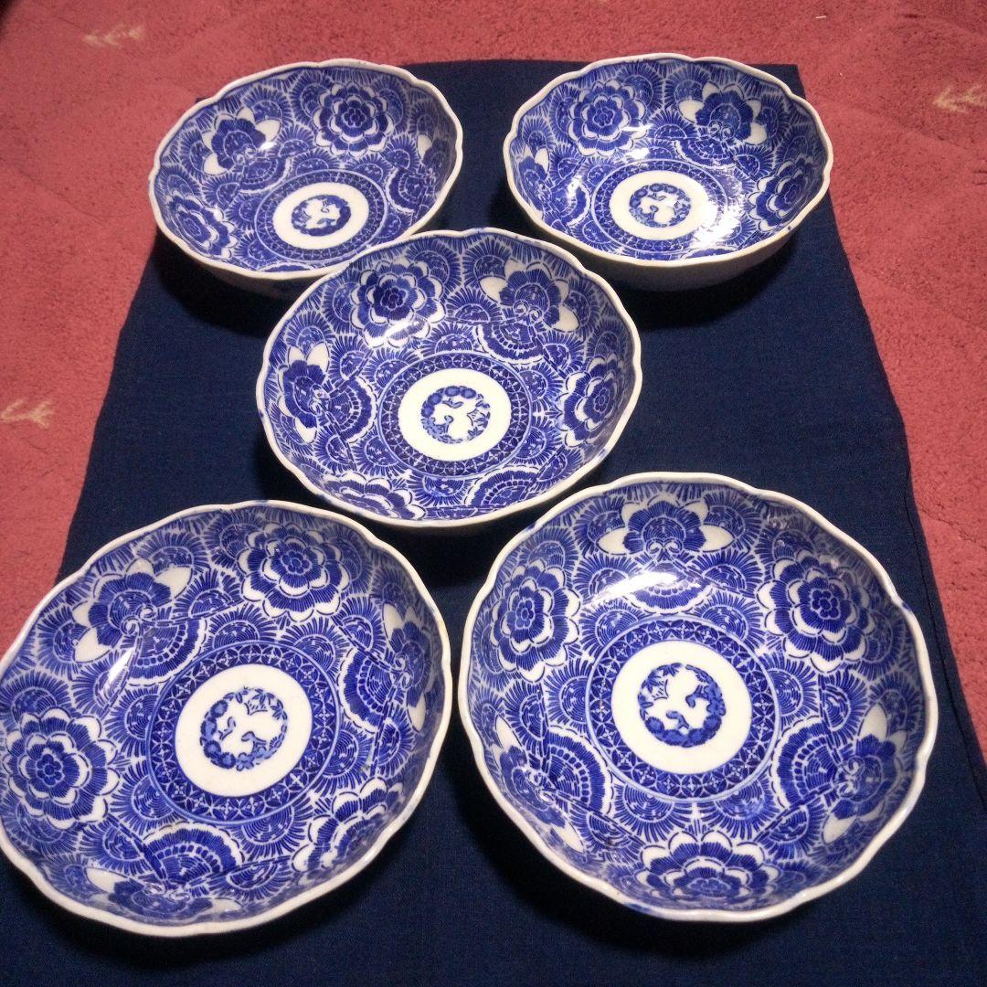 明治時代 印判 線描き なます皿 ５客