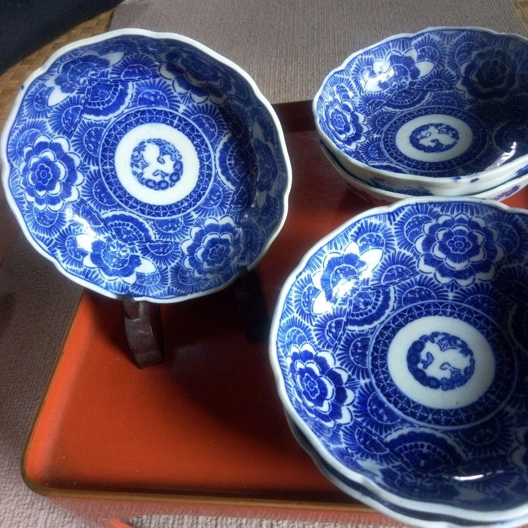 明治時代 印判 線描き なます皿 ５客