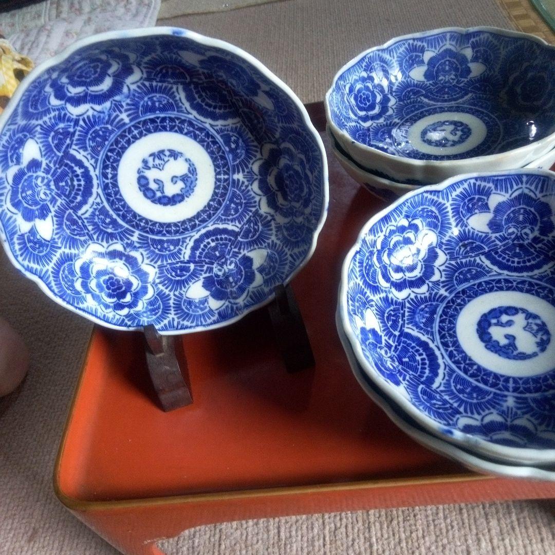 明治時代 印判 線描き なます皿 ５客