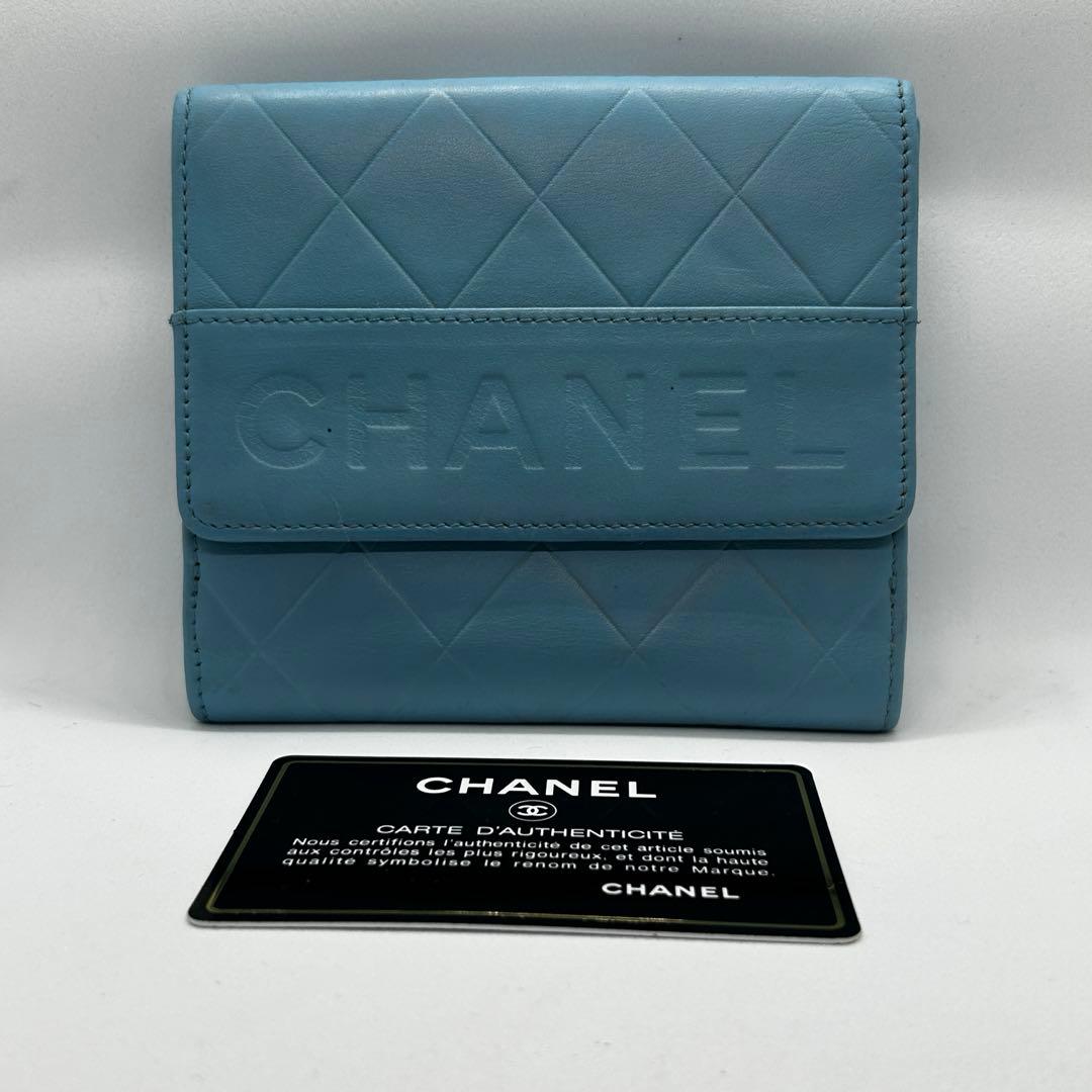 正規品 希少 シャネル CHANEL 二つ折り ミニ 財布 ロゴ ブルー/626