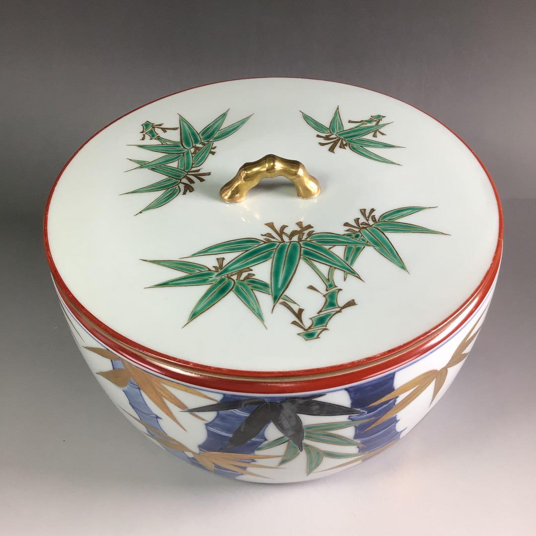 Ｒ６５３　水指　『平安　西村徳泉造』『替蓋』『金彩竹文』『平水指』　共箱　茶道具