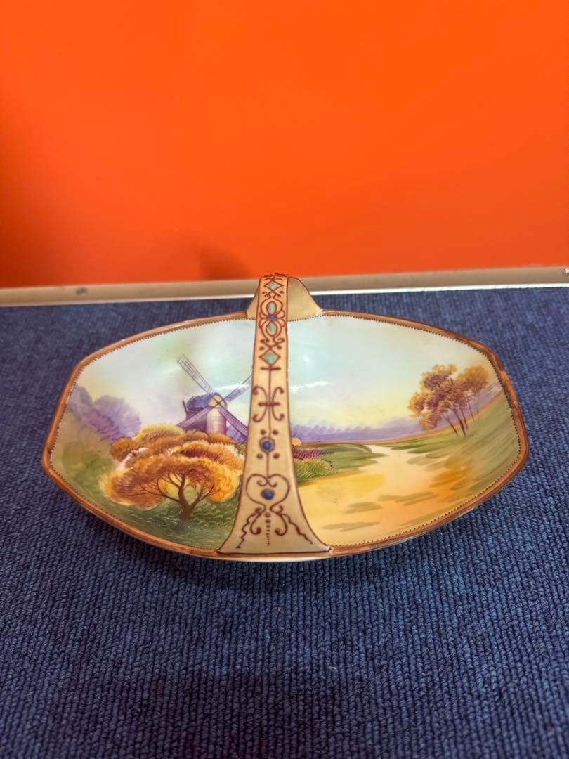 1846 【明治アンティーク】オールドノリタケ 風車図　手提皿　時代物
