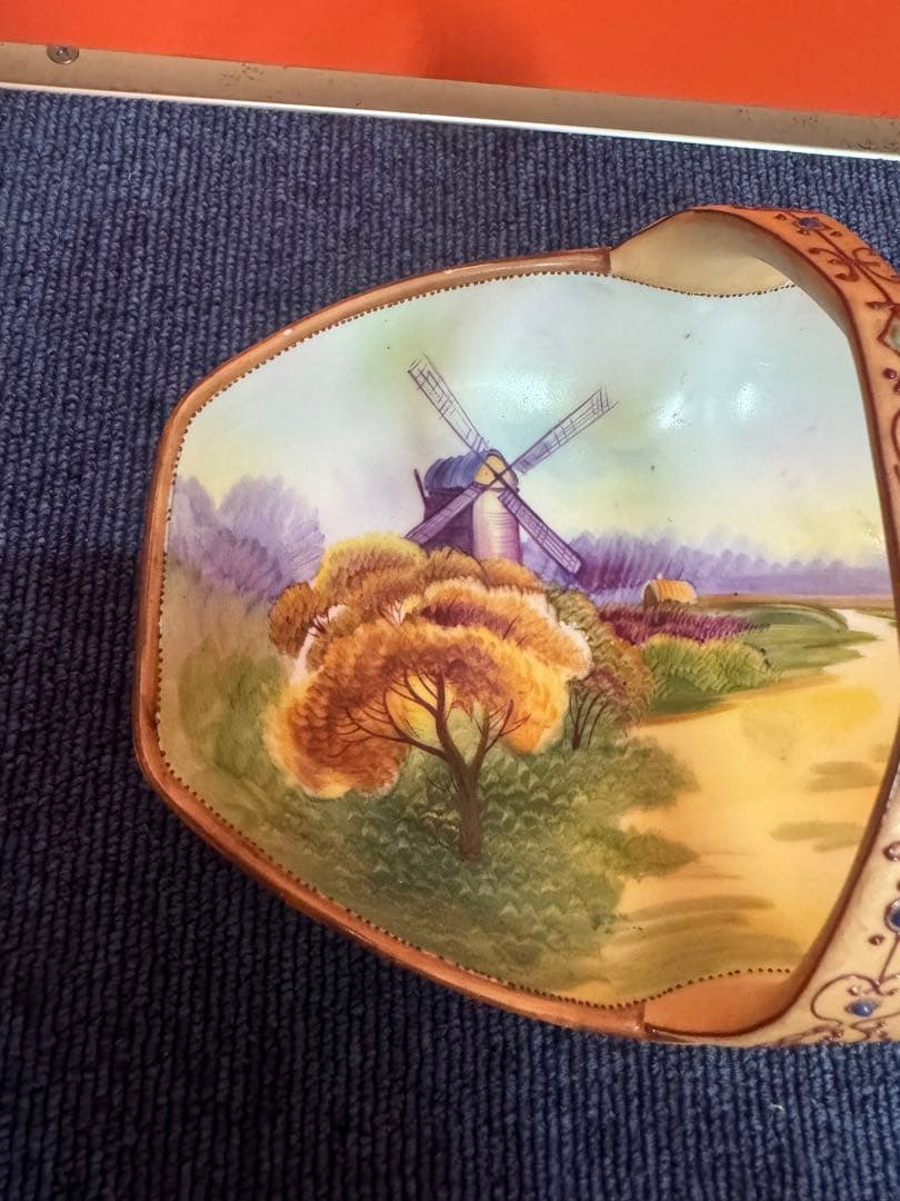1846 【明治アンティーク】オールドノリタケ 風車図　手提皿　時代物