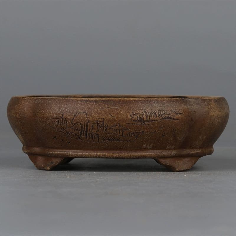 中国宜興 紫砂雕山青水秀山水纹 鉢盆栽鉢 植木鉢 小品盆栽鉢 大品盆栽鉢