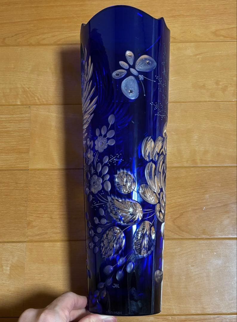 未使用 マイセン クリスタル 花 蝶 青被せ 大型 花瓶 フラワー 37cm