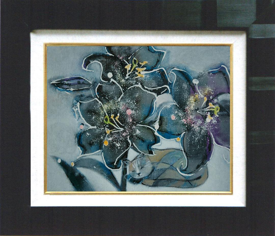 油絵 菅家令子絵 絵画インテリア額付(青緑＋金色の枠)F4-050620猫の昼寝