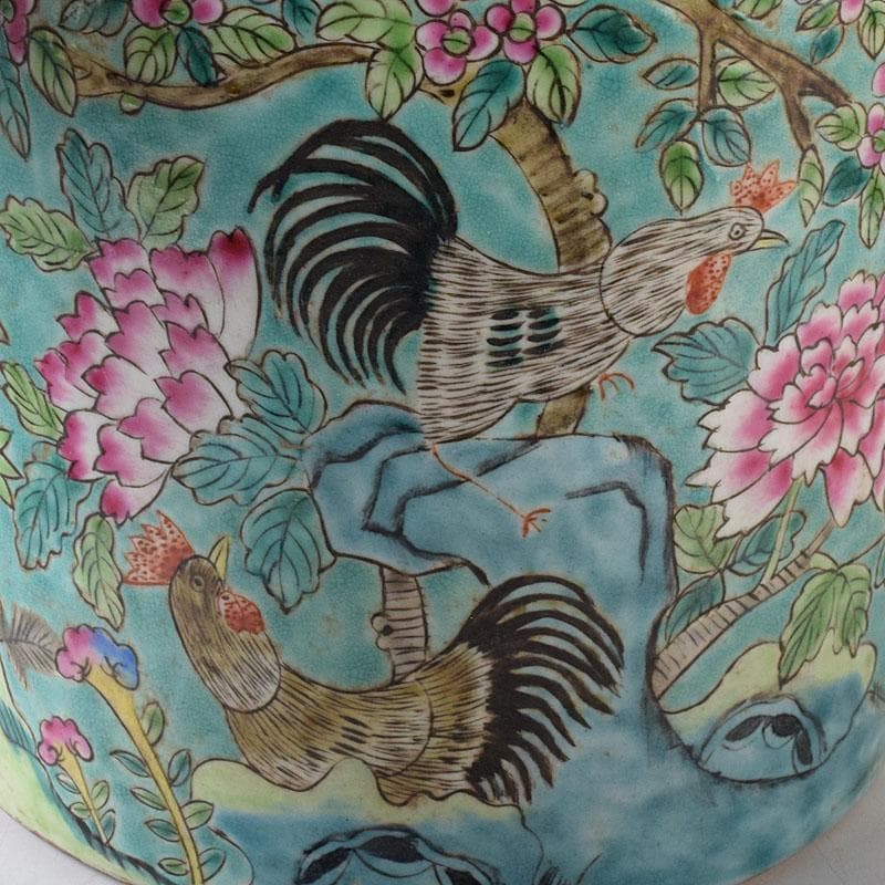 中国　粉彩　花鳥文　蓋付壺　時代箱　V　7753C