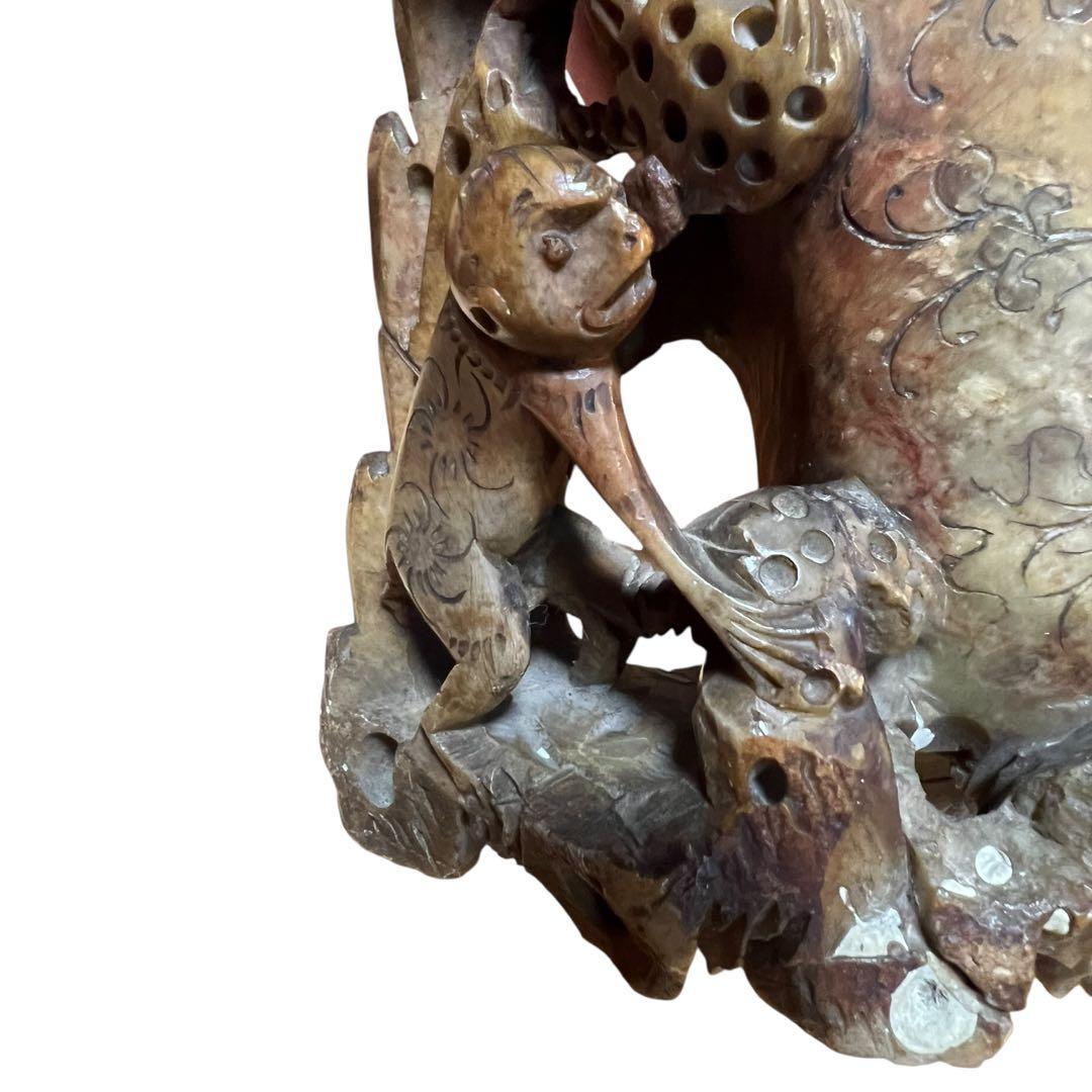 中国美術 寿山石 彫刻 置物 縁起物 【猿・蓮・雉】天然石 石彫 アンティーク