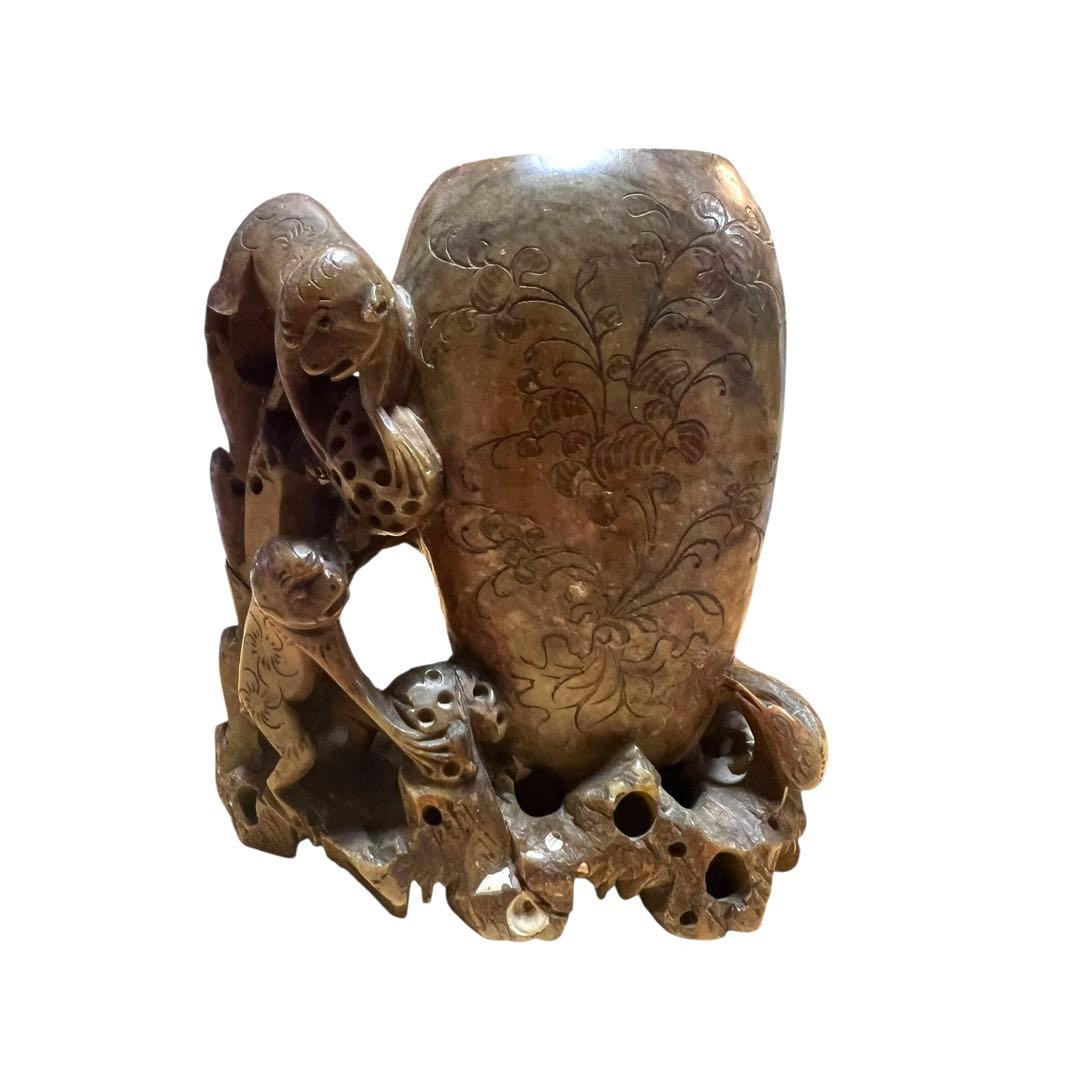 中国美術 寿山石 彫刻 置物 縁起物 【猿・蓮・雉】天然石 石彫 アンティーク