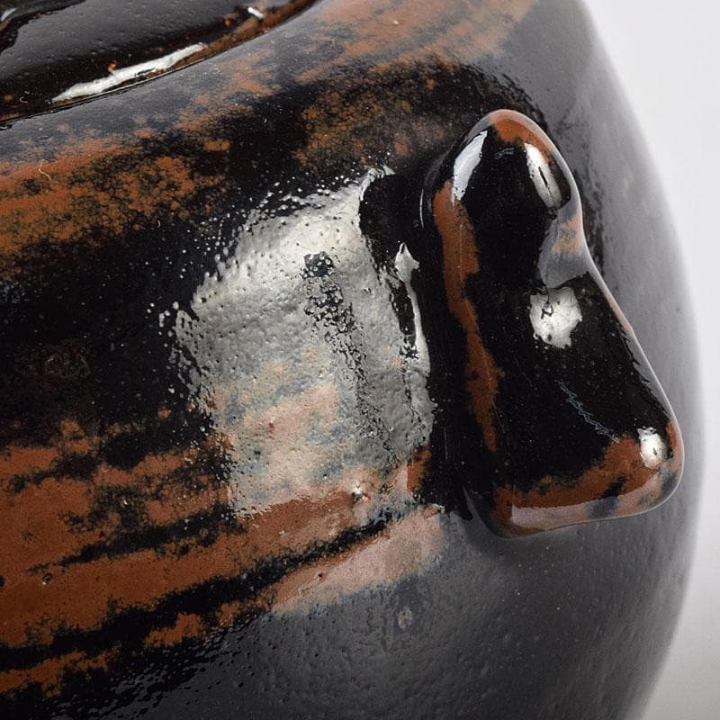 人間国宝　濱田庄司作　黒釉　双耳香炉　蓋付香炉　共箱　M　R9216