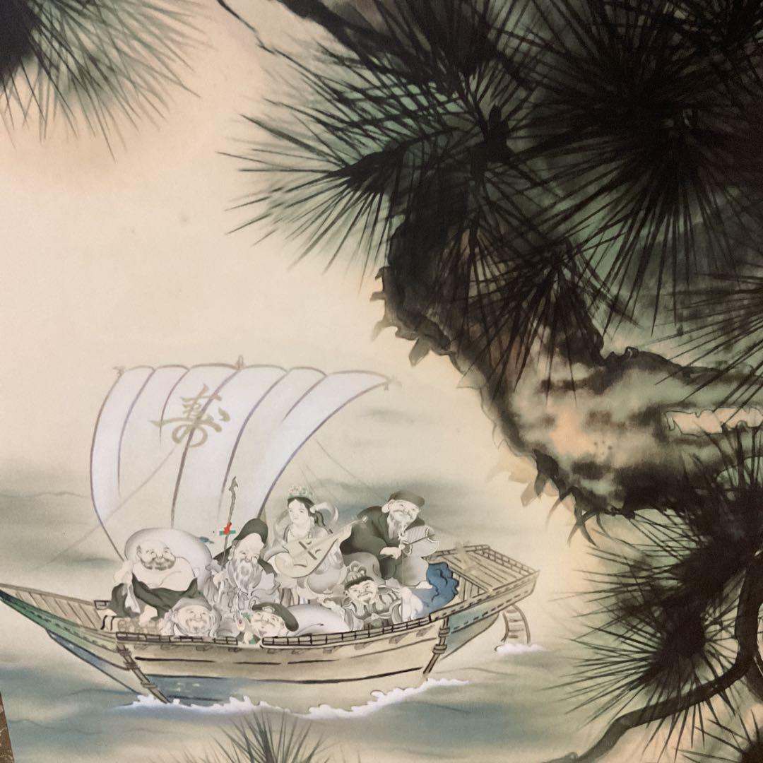 金運満願図 絹本彩色画 祝い軸【赤富士、白鷹、茄子 七福神宝舟】 桐箱