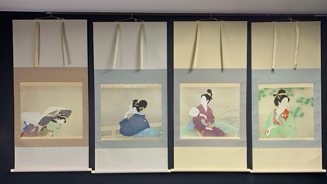 美品 掛け軸 上村松園筆 四季の美人図（清韻・蛍・待月・牡丹雪）4本セット